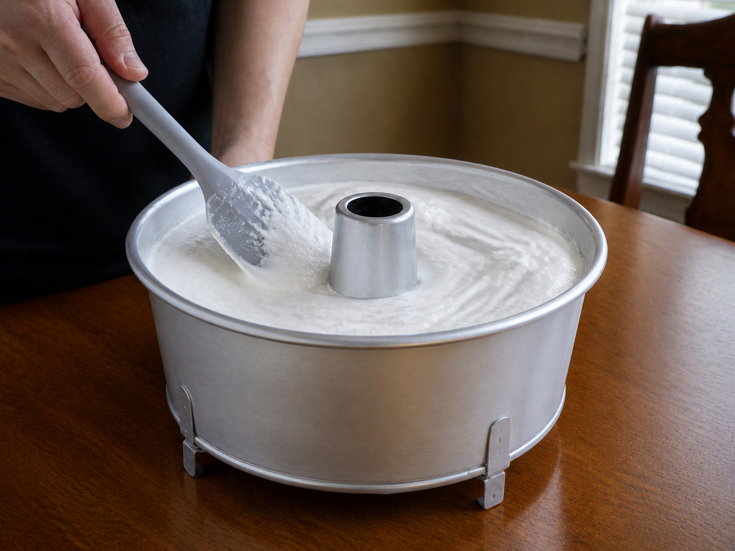 Airy sugar-free angel food cake batter smoothed in the same ungreased 9-inch tube pan