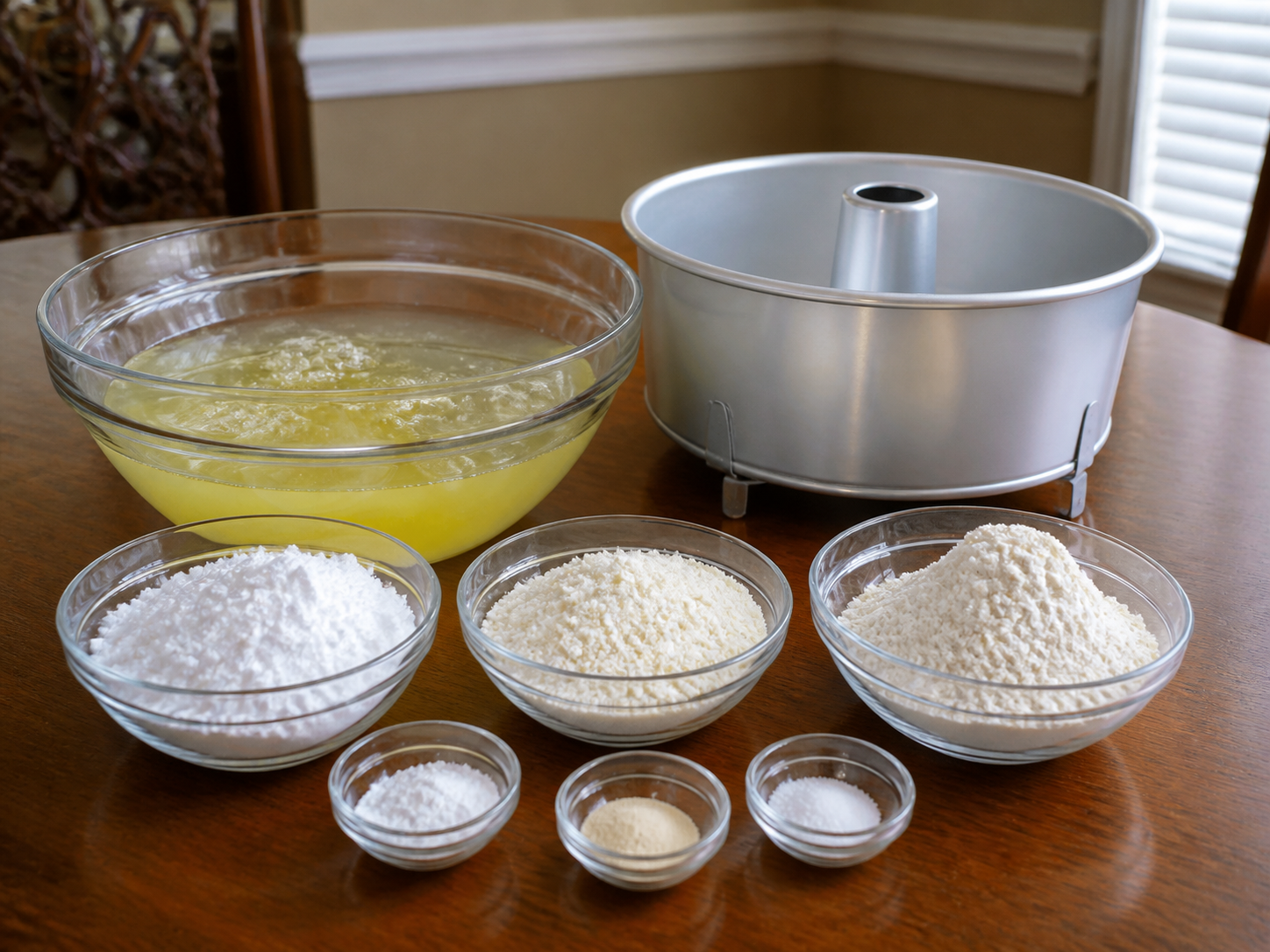 Ingredients for sugar-free angel food cake beside an ungreased 9-inch tube pan