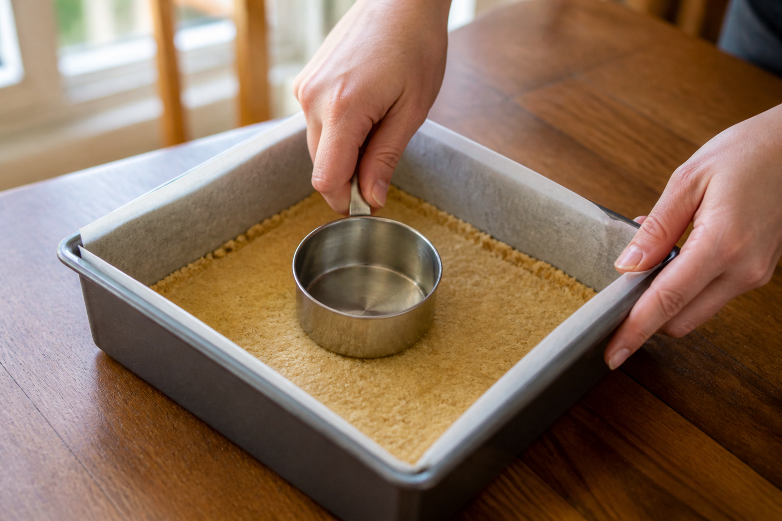 Thin almond-flour crust pressed into a parchment-lined square pan