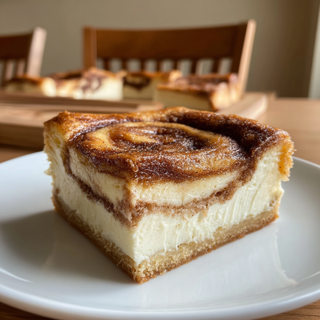 Thick sugar-free cinnamon roll cheesecake bar with a golden crust and visible cinnamon swirl