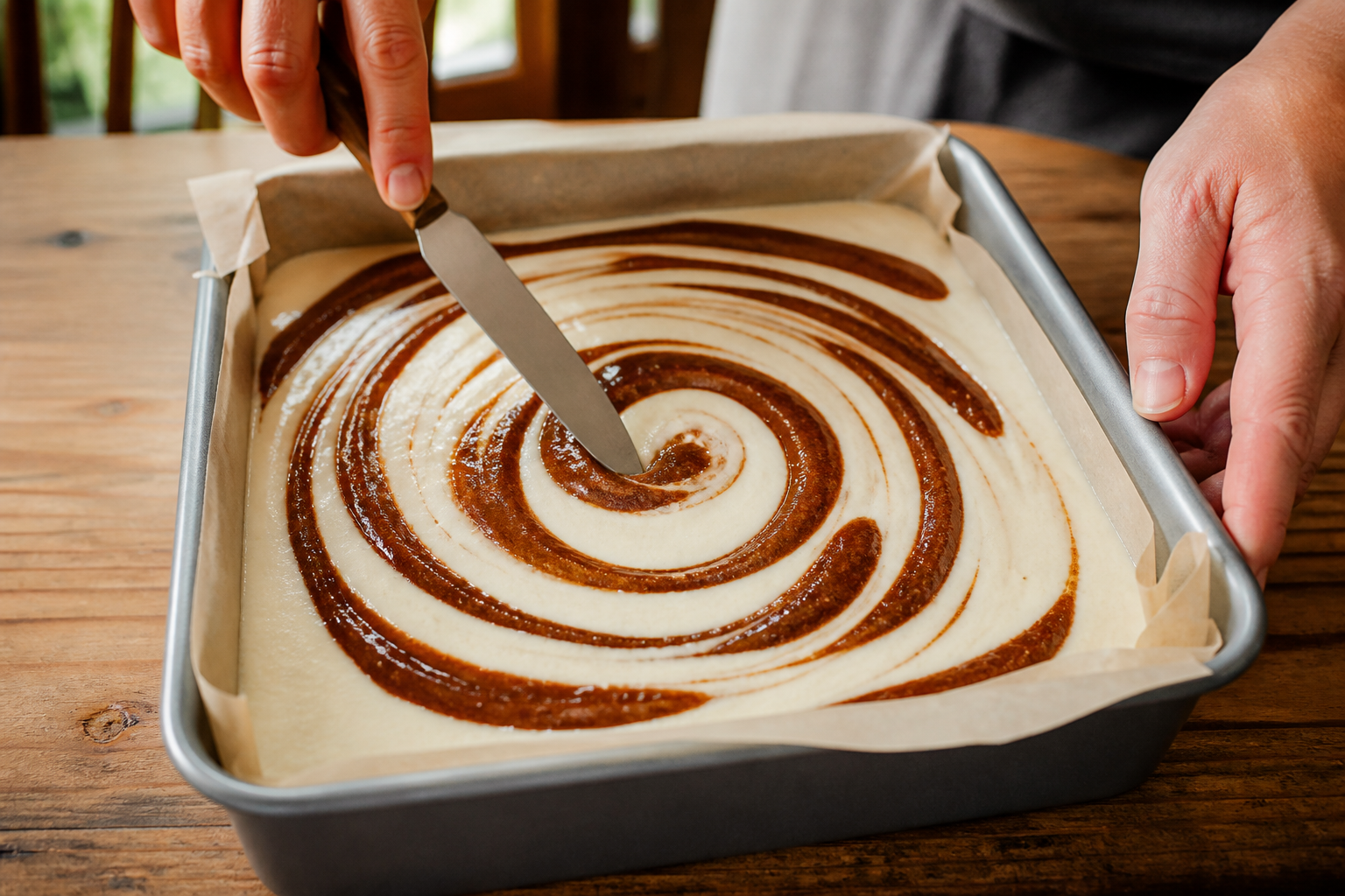 Bold cinnamon-roll swirl formed in unbaked cheesecake filling with a knife