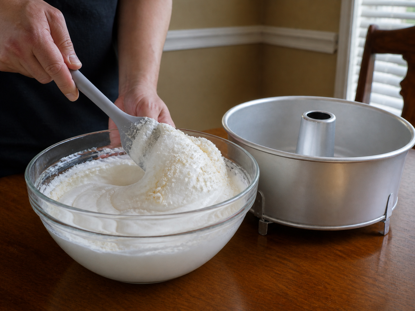 Chef Danny gently folding sifted dry ingredients into airy angel food cake batter