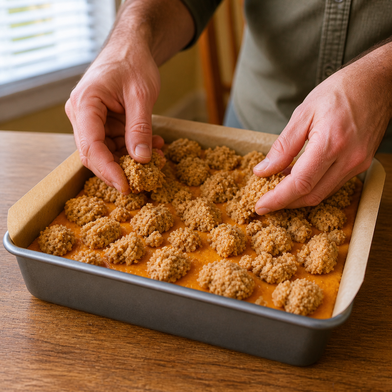 A man's hands scattering large cinnamon crumble clusters over pumpkin cake batter in the same 8x8-inch pan
