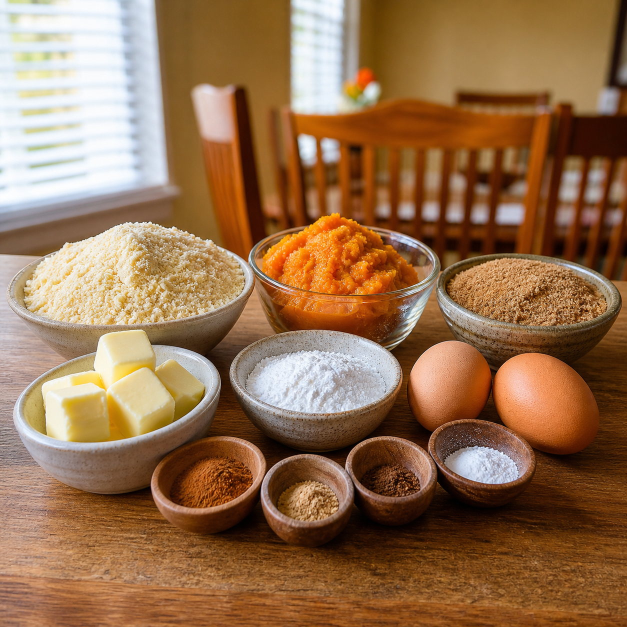 Ingredients for sugar-free pumpkin crumb cake arranged beside an 8x8-inch pan