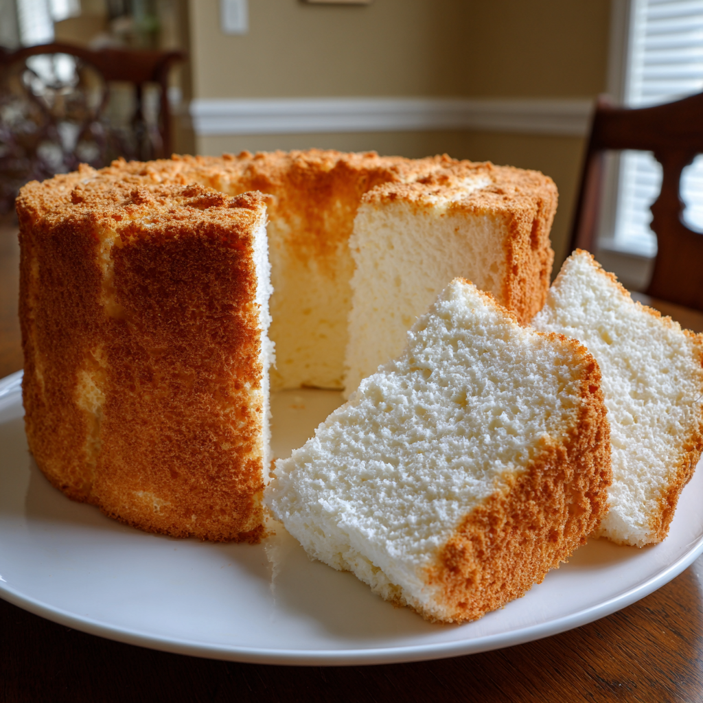 Sugar-free angel food cake with a golden crust and cloud-light white crumb