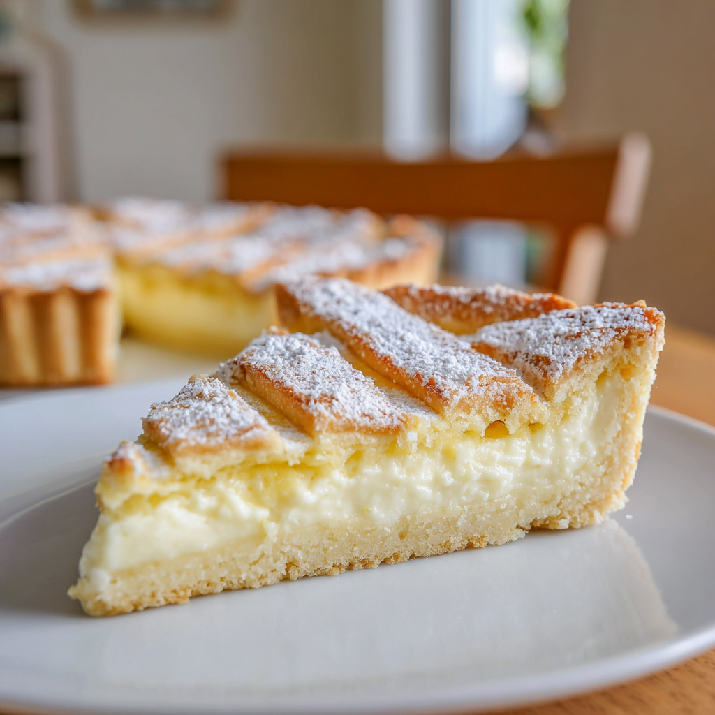 A slice of sugar-free lemon ricotta cream tart with a golden lattice crust on a white plate