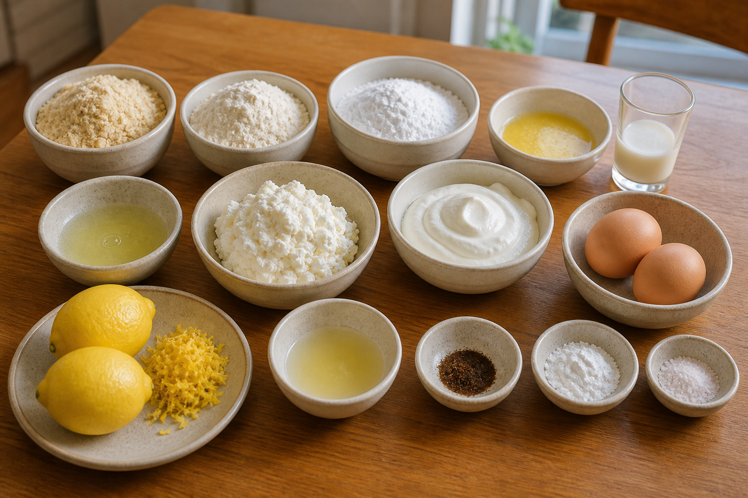 Ingredients for sugar-free lemon ricotta cream tart arranged on a kitchen counter