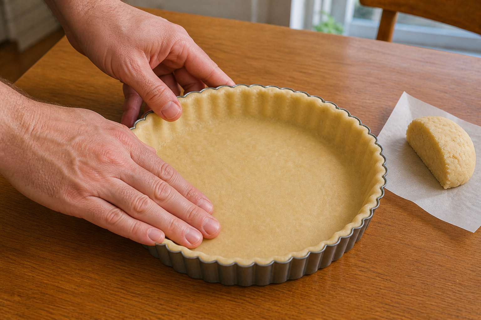 Male hands pressing almond flour tart dough into a deep 7-inch fluted tart pan