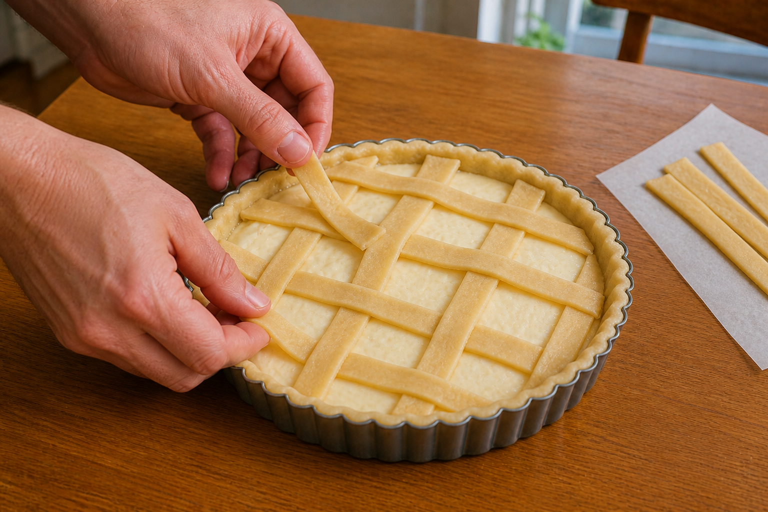 Male hands arranging lattice strips over lemon ricotta filling in a 7-inch tart pan