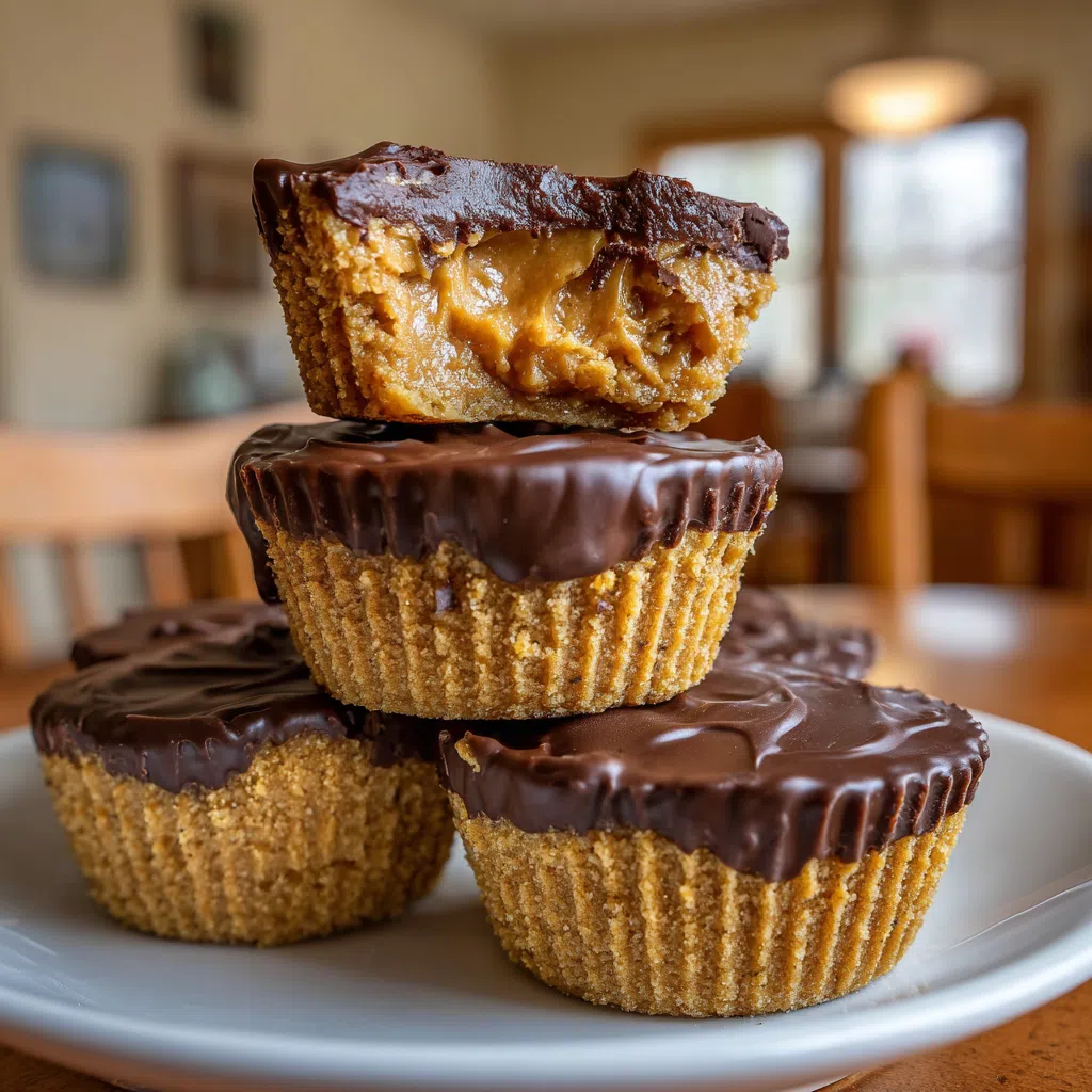 Stacked sugar-free peanut butter chocolate cups with one cut open