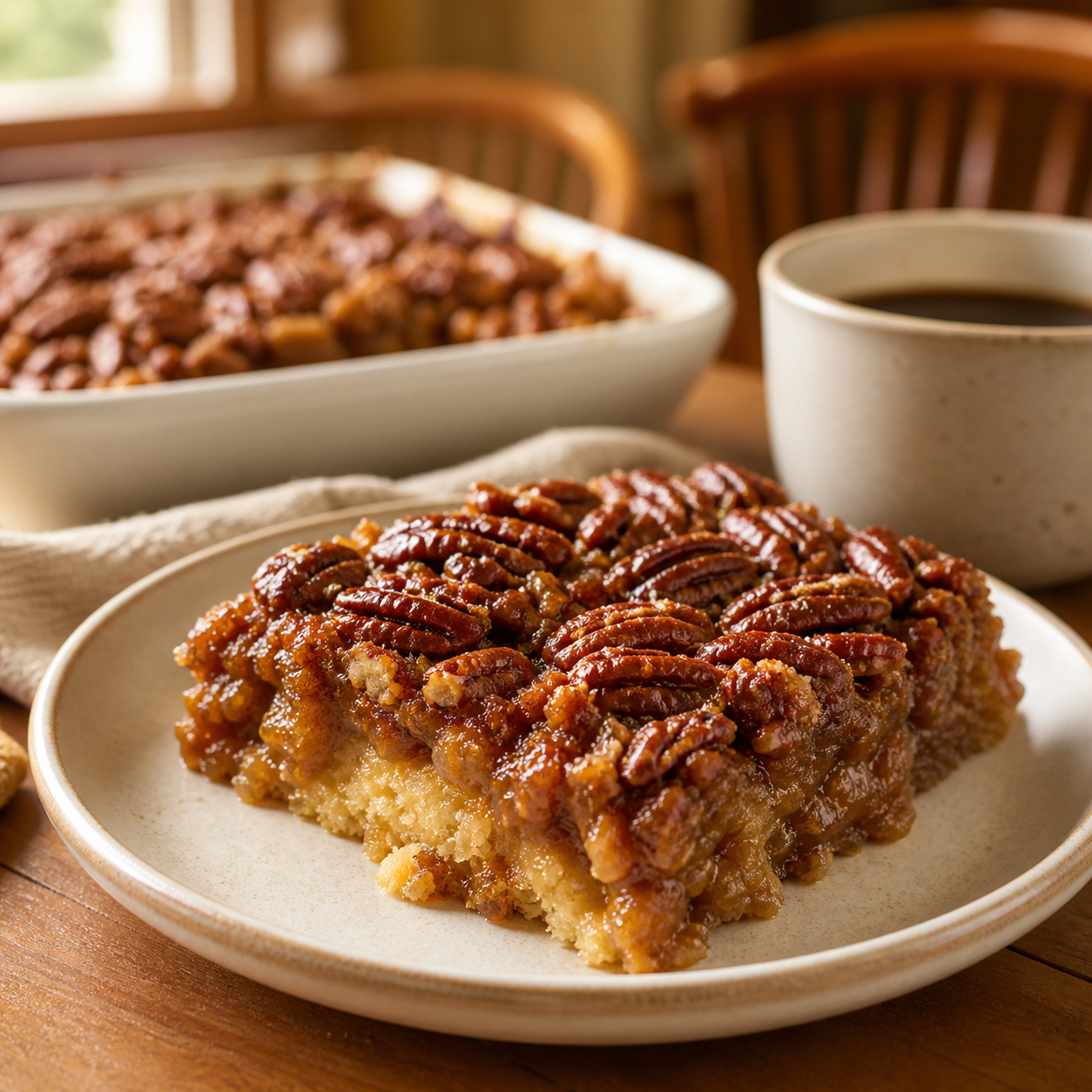 Warm sugar-free pecan pie cobbler served with black coffee