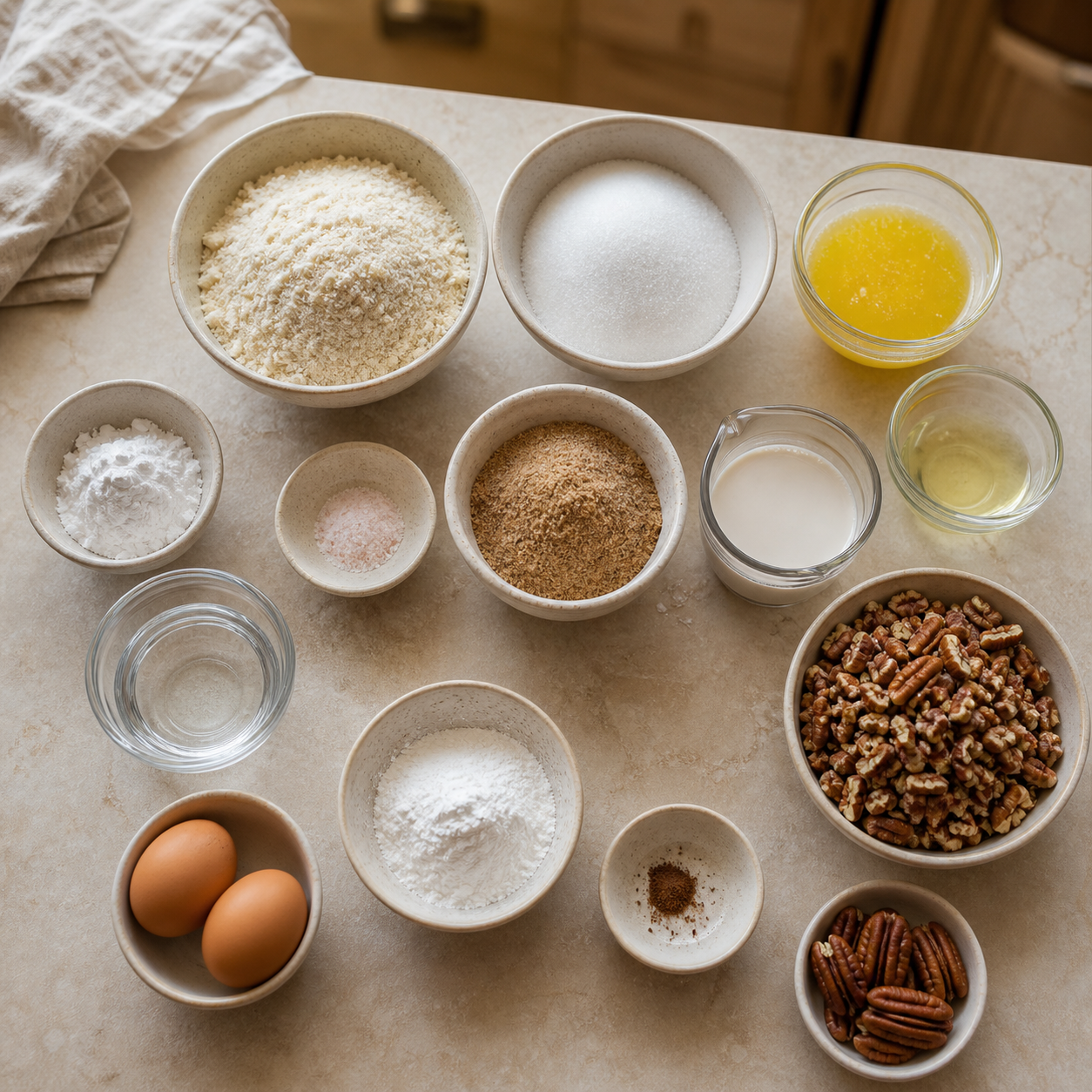 Measured ingredients for sugar-free pecan pie cobbler