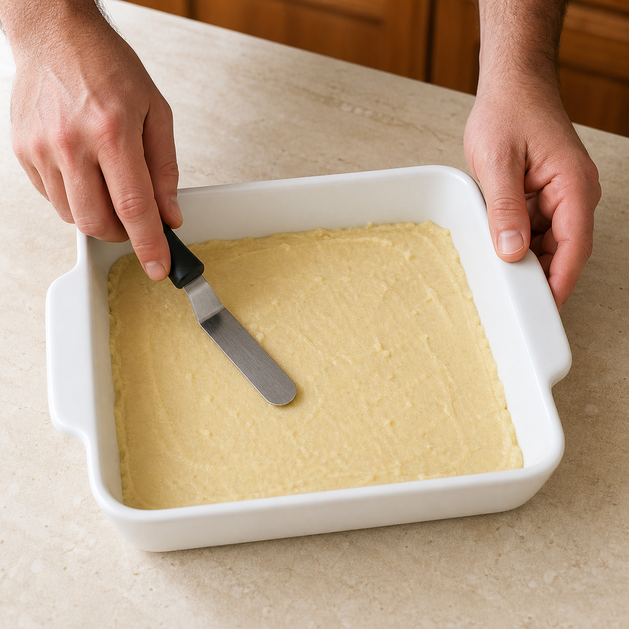 Chef Danny spreading a thin almond-flour cobbler base in a square baking dish