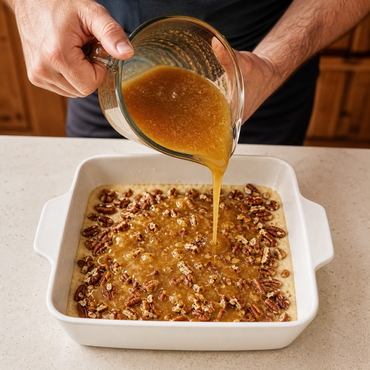 Chef Danny pouring warm brown-allulose filling over chopped pecans