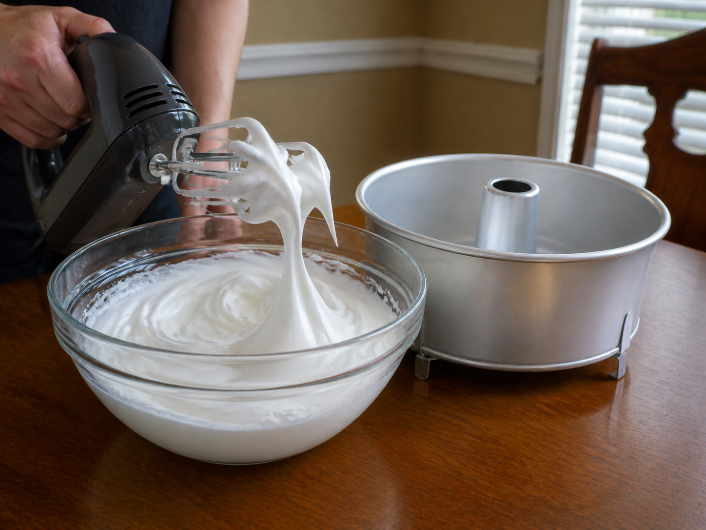 Chef Danny whipping egg whites to glossy medium-stiff peaks for sugar-free angel food cake