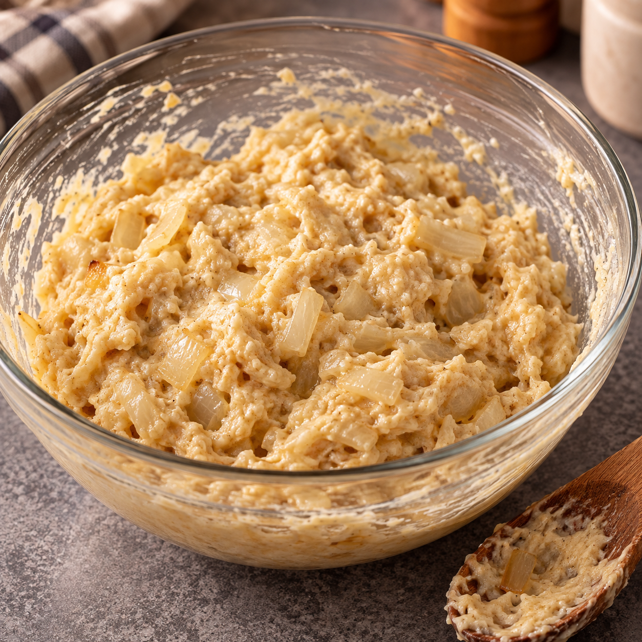 Thick almond flour onion fritter batter resting in a clear mixing bowl