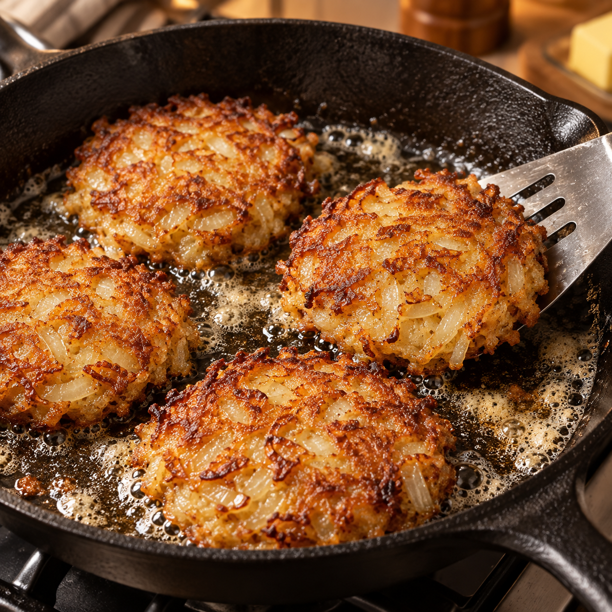 Four Amish onion fritters cooking until golden in a cast-iron skillet