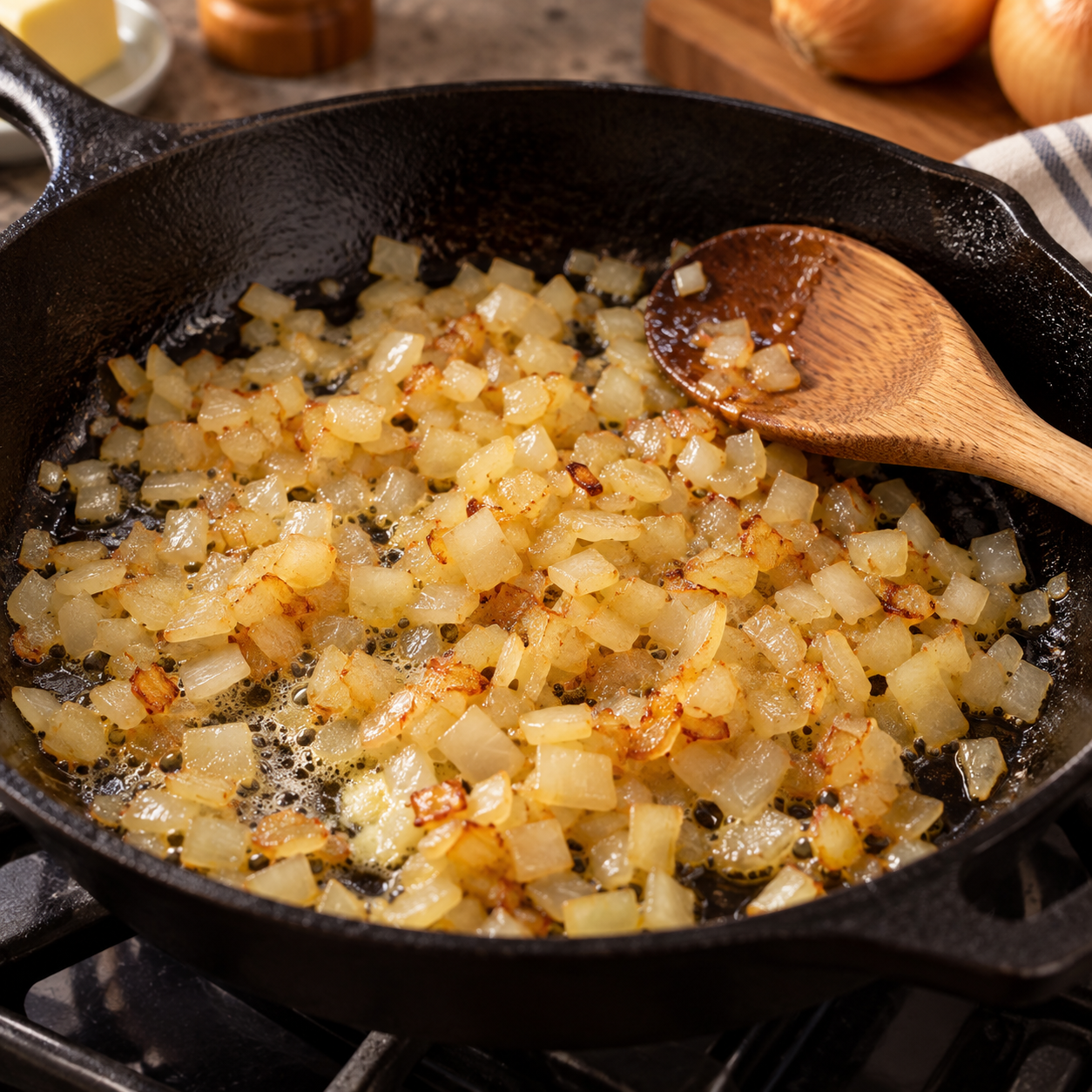 Finely chopped yellow onion sautéing in butter in a cast-iron skillet