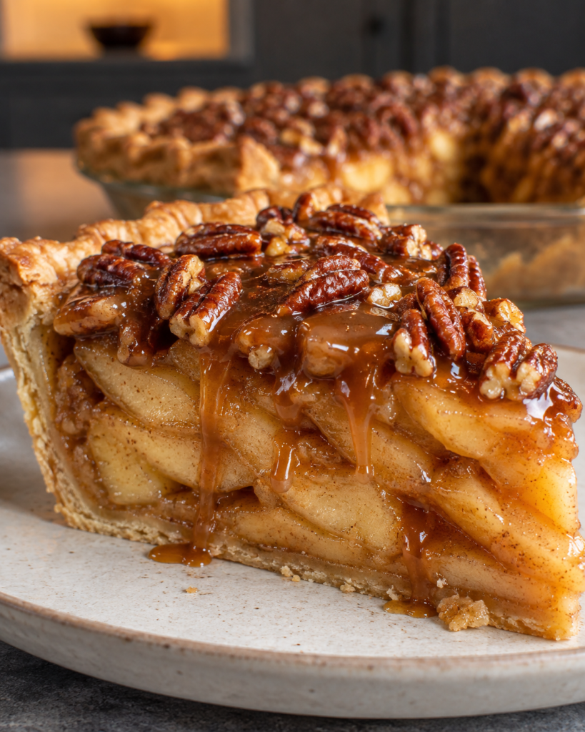 Sugar-free caramel pecan apple pie slice with layered apple-style filling and pecan caramel topping