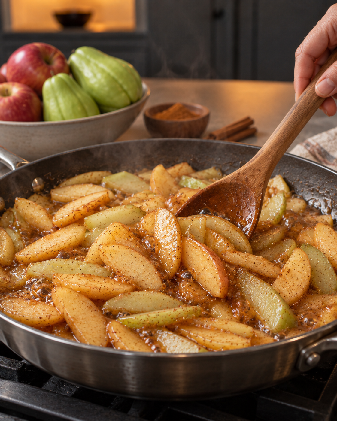Thin apple and chayote slices simmering with cinnamon for sugar-free apple pie filling