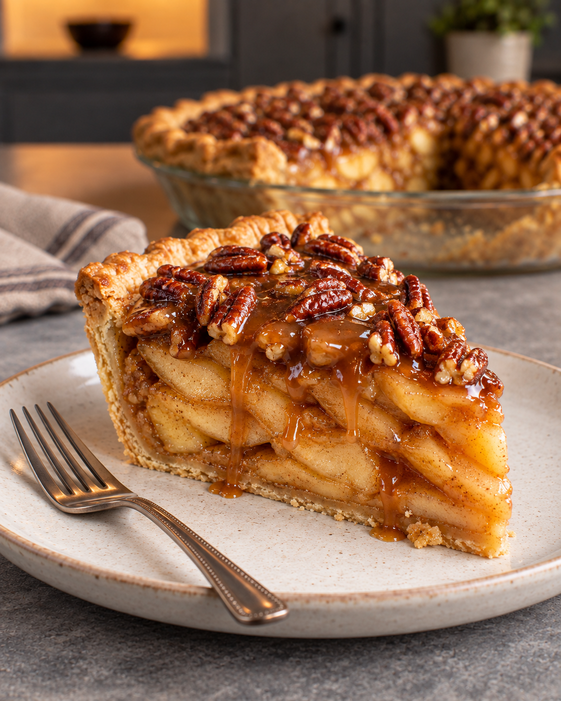 Slice of sugar-free caramel pecan apple pie with layered filling, thin crust, and pecan caramel