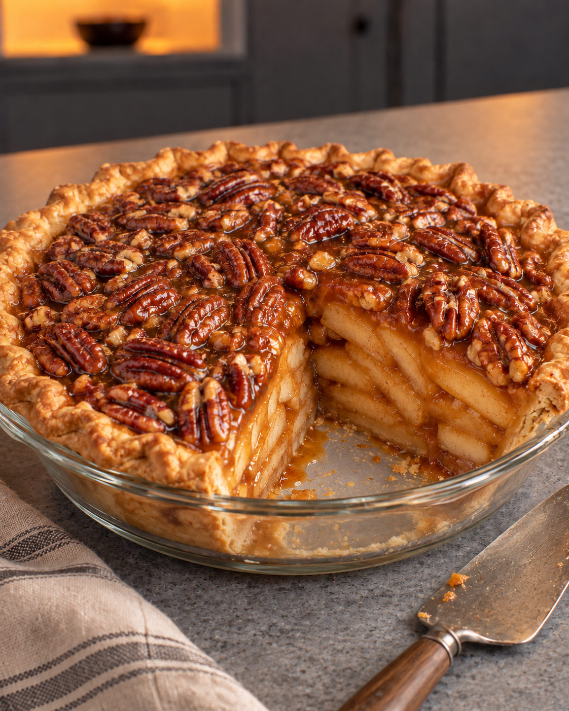 Whole sugar-free caramel pecan apple pie in a clear glass dish with one slice removed