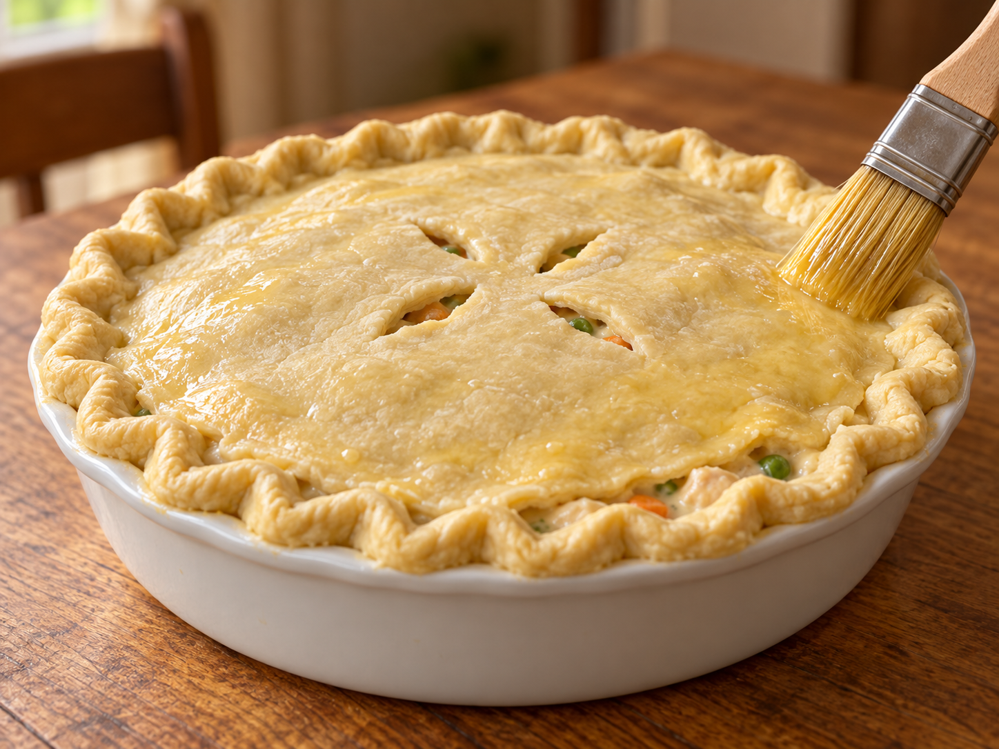 Unbaked chicken pot pie with crimped low-carb crust, steam slits, and egg wash