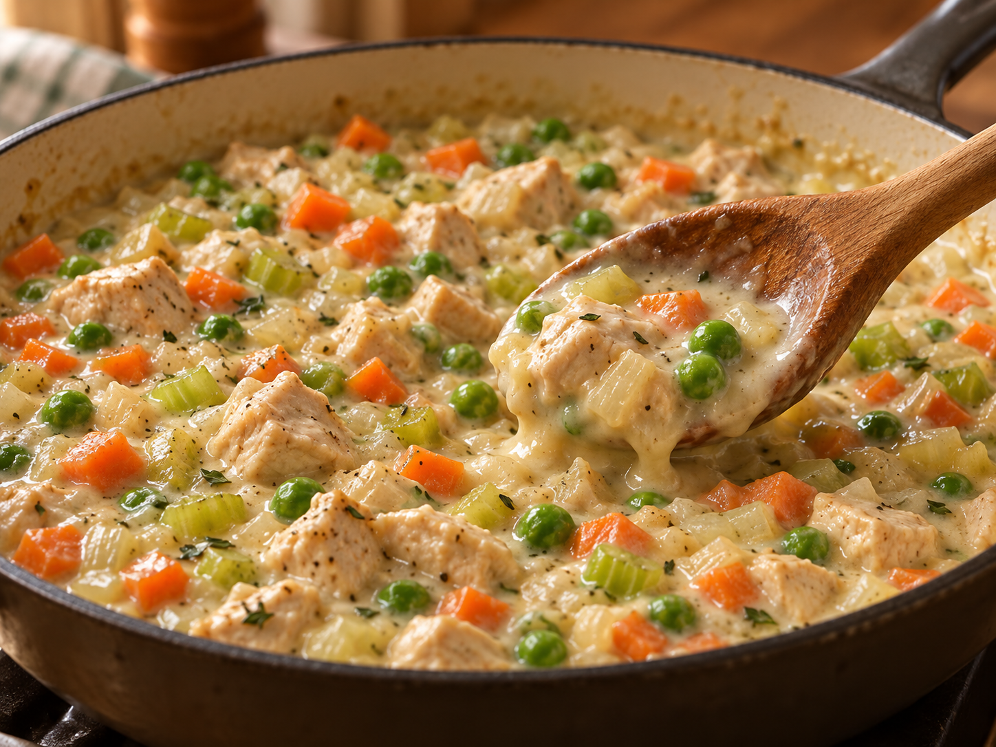 Creamy chicken pot pie filling with chicken, carrots, celery, onion, and peas