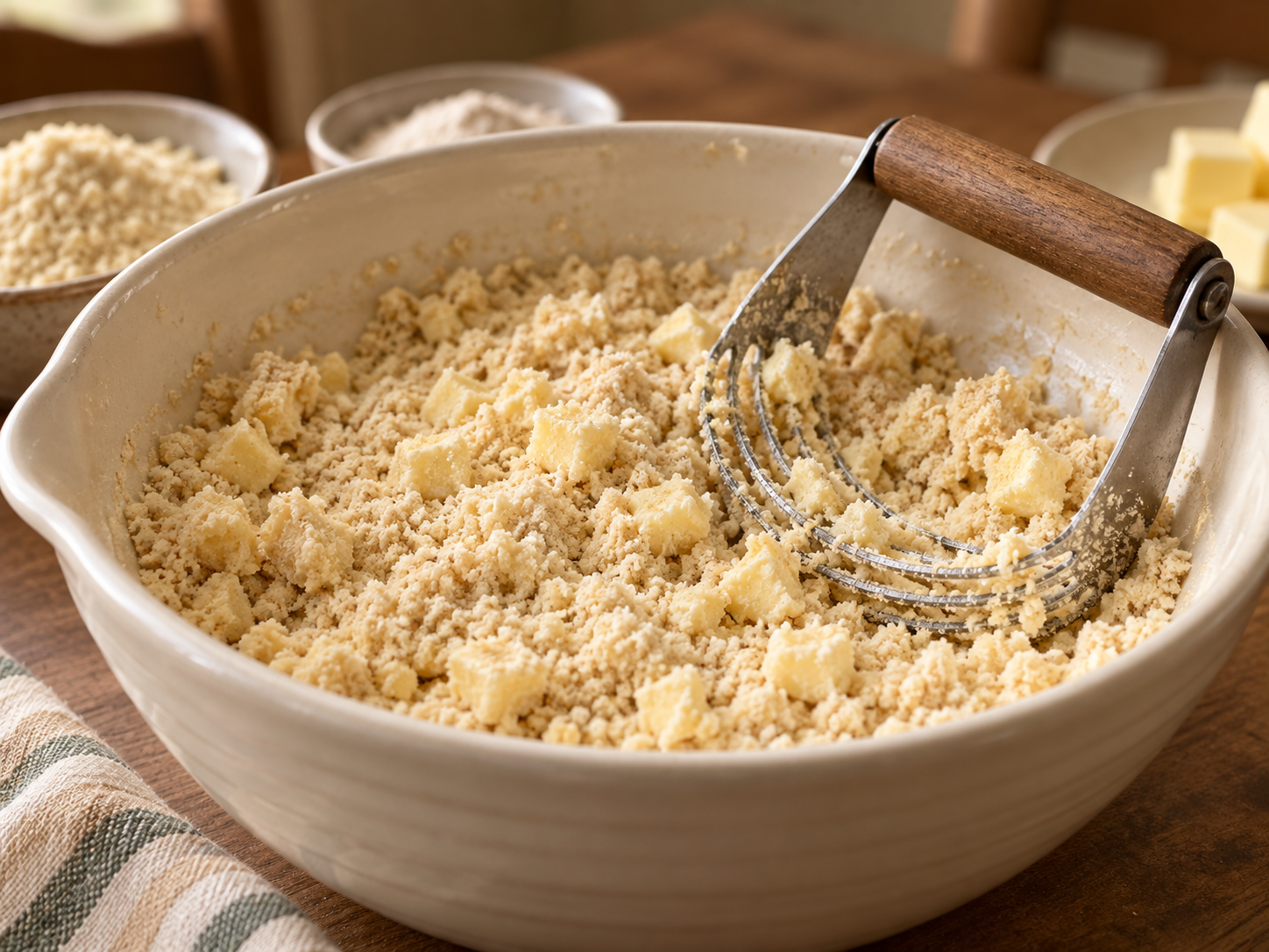 Low-carb chicken pot pie crust mixture with cold butter and almond flour