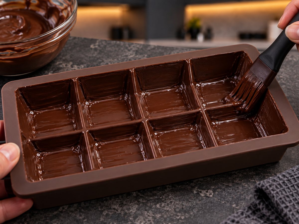 Melted sugar-free dark chocolate being brushed into a segmented silicone bar mold