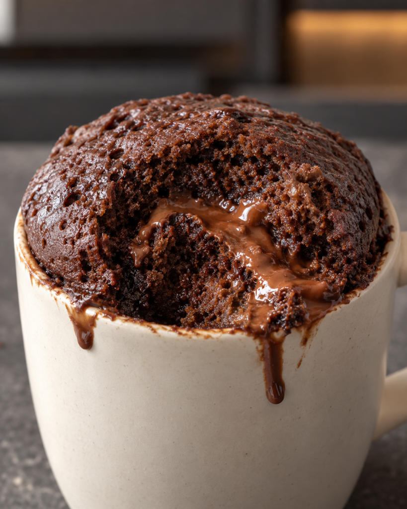 Sugar-free chocolate hazelnut mug cake with a warm molten chocolate center in a ceramic mug