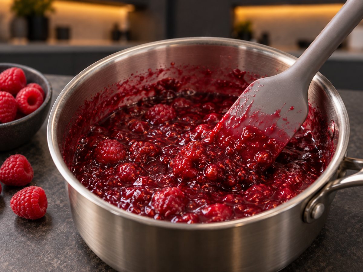 Raspberries and allulose cooking into a thick sugar-free swirl in a small saucepan