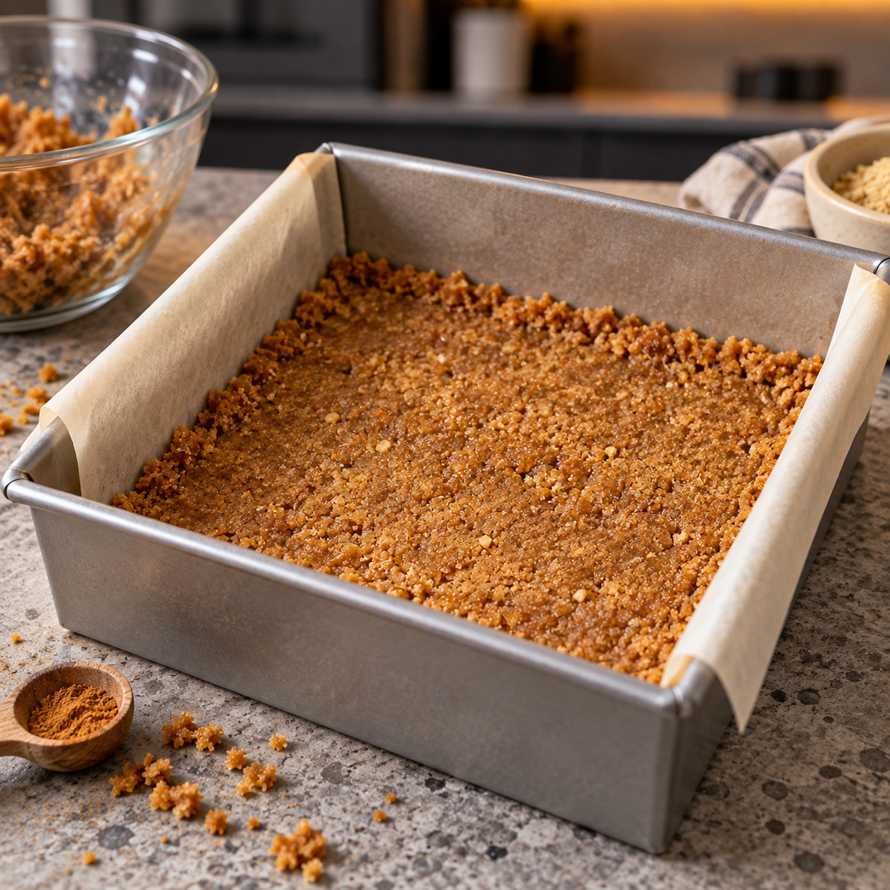 Spiced cookie-butter-style crust pressed into a parchment-lined square metal pan