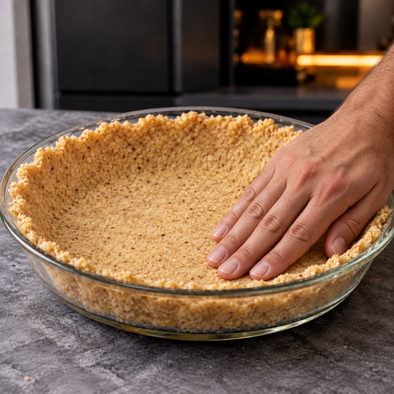 Male hand pressing the tender almond flour crust into a 9-inch glass pie dish