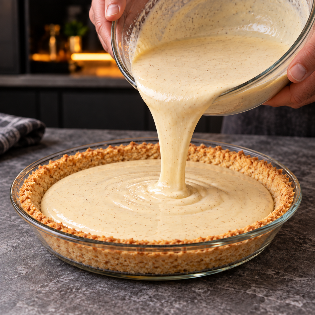 Male hands pouring smooth cinnamon-vanilla custard filling into a warm almond crust