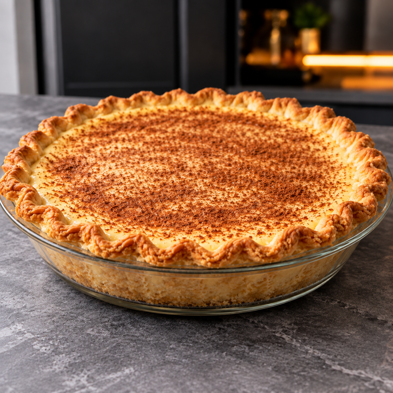 Whole sugar-free cinnamon vanilla custard pie cooling in a clear glass pie dish