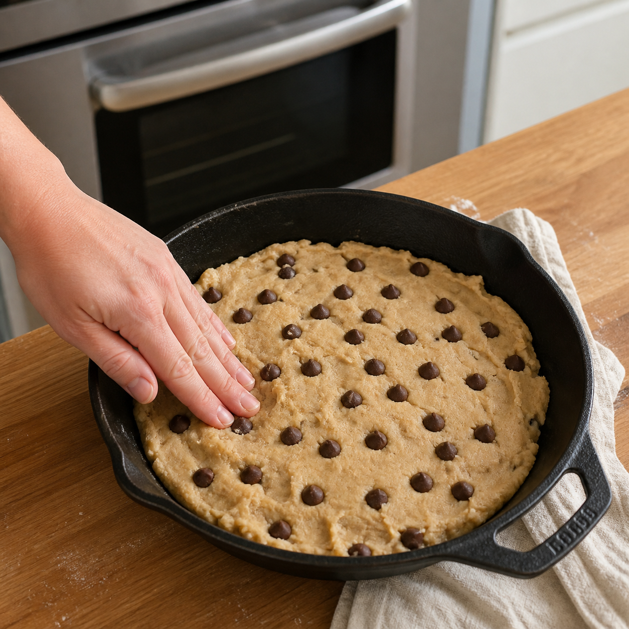 Pressing sugar-free chocolate chip cookie dough into a cast-iron skillet