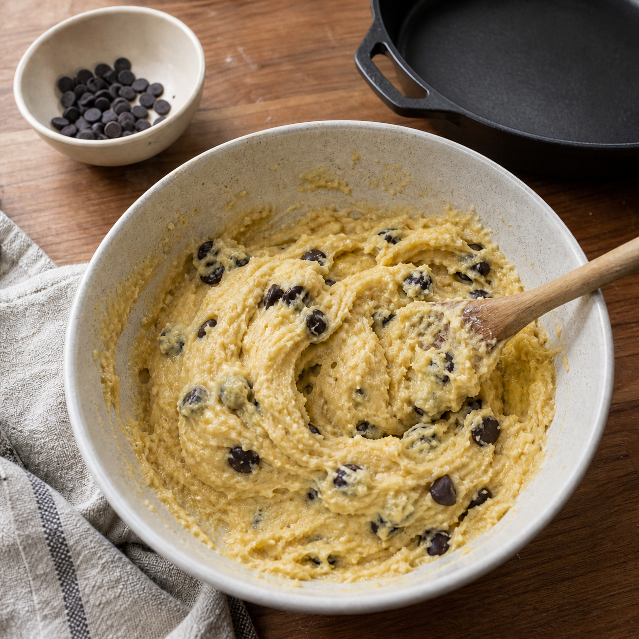 Mixing almond flour dough for a sugar-free skillet chocolate chip cookie