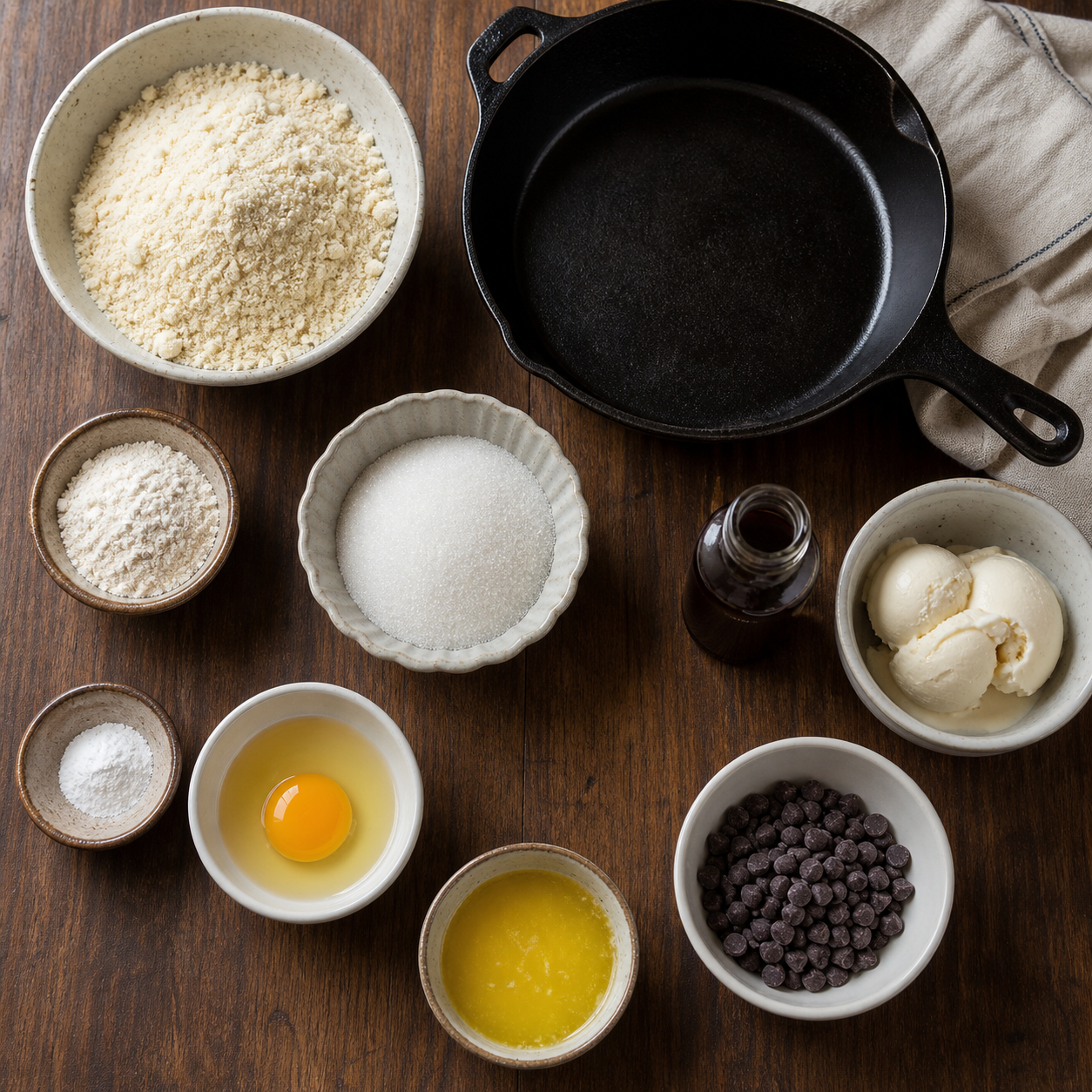 Measured ingredients for a sugar-free skillet chocolate chip cookie