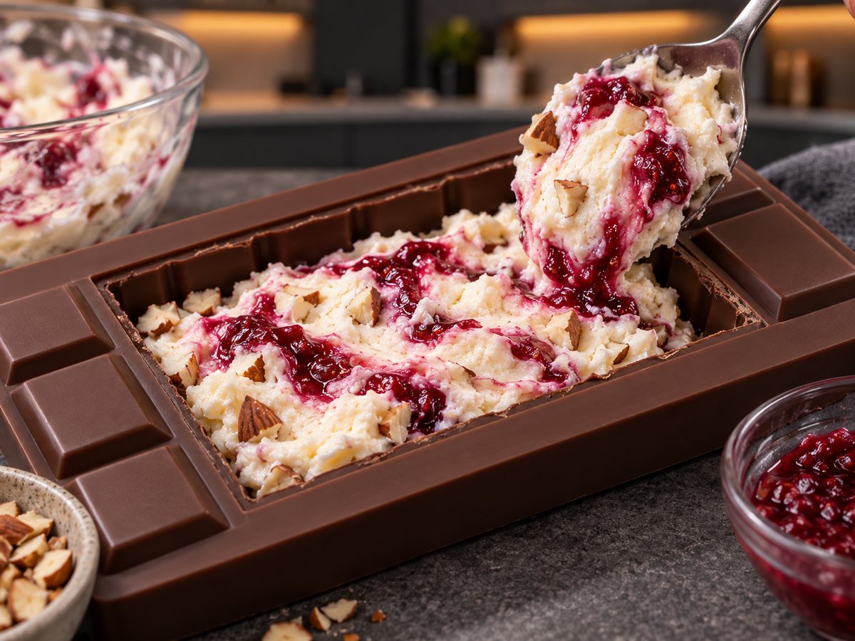 Creamy cheesecake filling with raspberry ribbons and toasted almonds being added to a chocolate shell