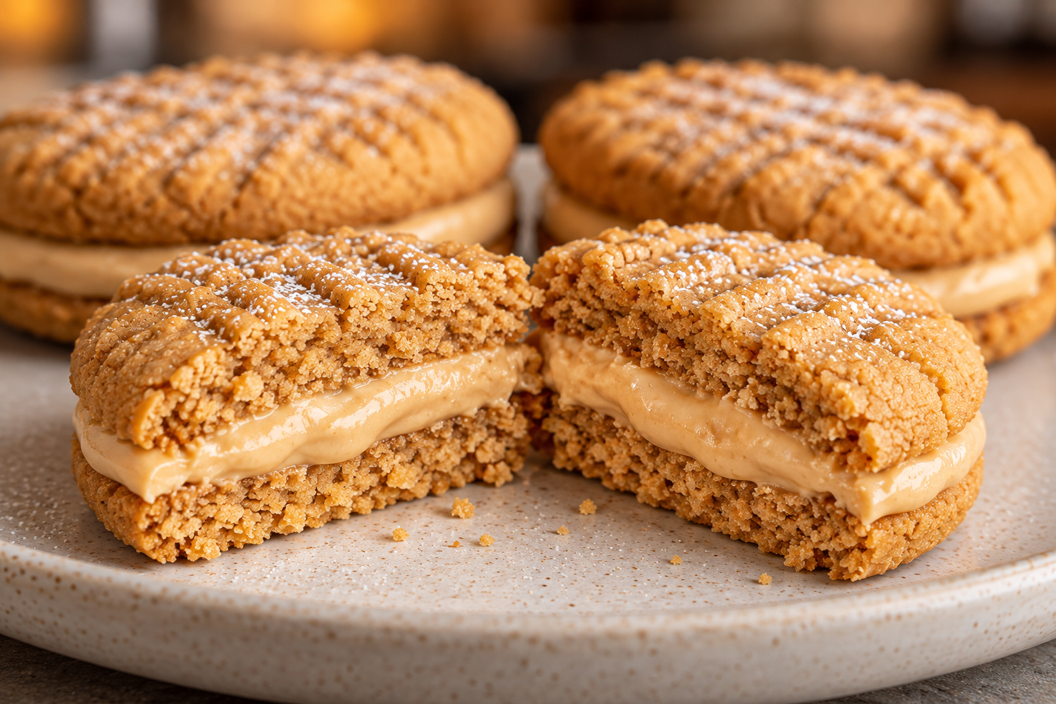 A sugar-free Nutter Butter sandwich cookie cut in half to show the creamy peanut butter filling