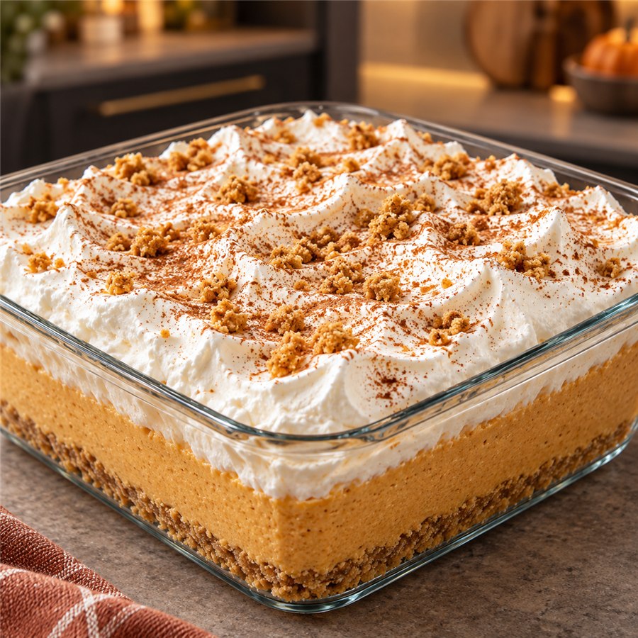 Finished sugar-free pumpkin fluff dessert with soft yogurt topping, cinnamon, and golden crumbs
