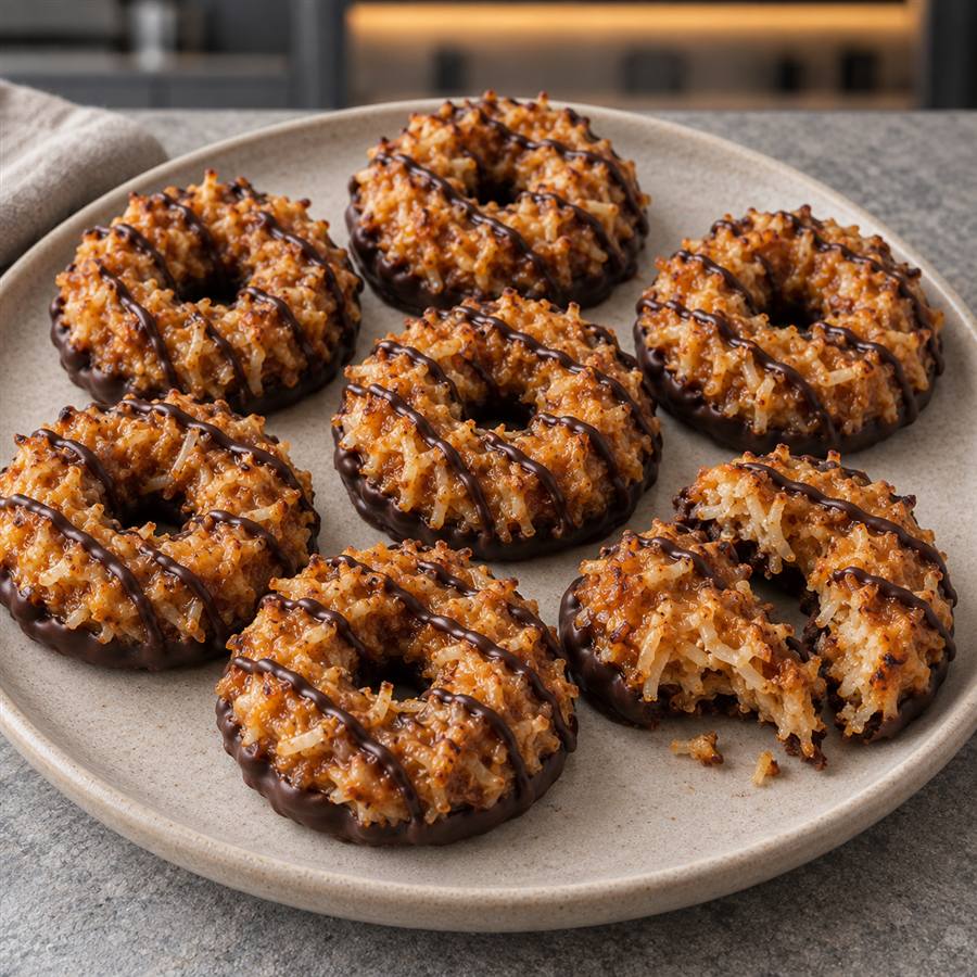 Finished sugar-free Samoa cookies with toasted coconut caramel and dark chocolate drizzle