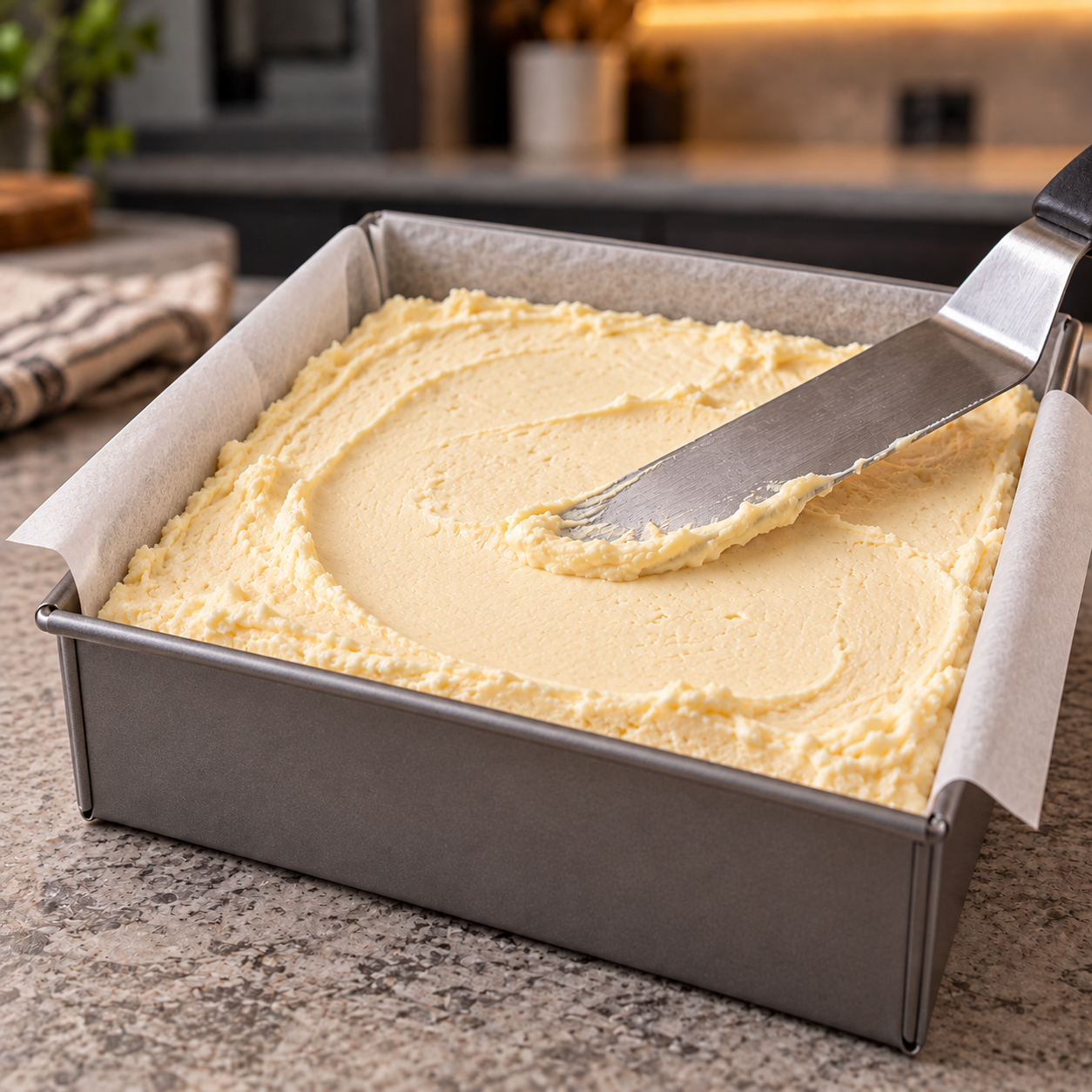 Dense cheesecake filling being smoothed over the spiced crust in a square metal pan