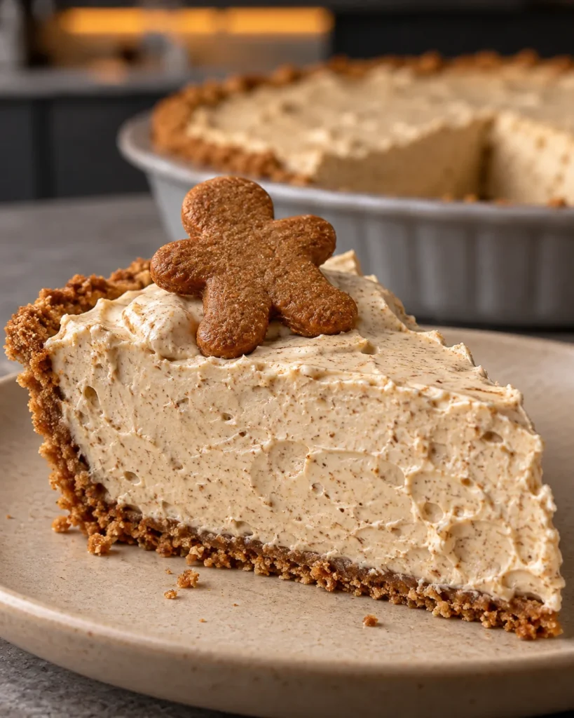 Slice of sugar-free gingerbread cream pie with a spiced crust and mini gingerbread cookie
