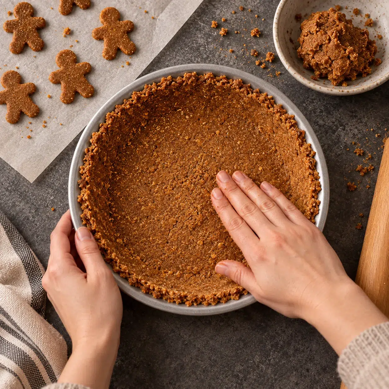 Gingerbread crust dough being pressed into a 9-inch metal pie pan with miniature cookie cutouts nearby