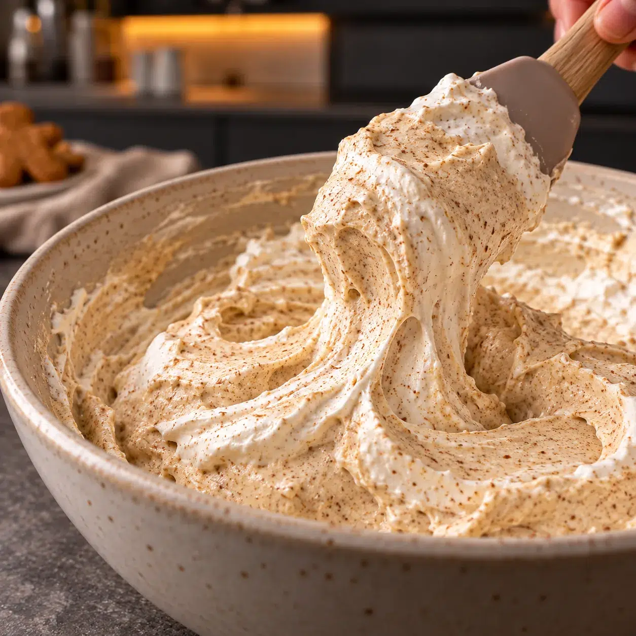 Airy gingerbread cream filling being folded gently with a spatula
