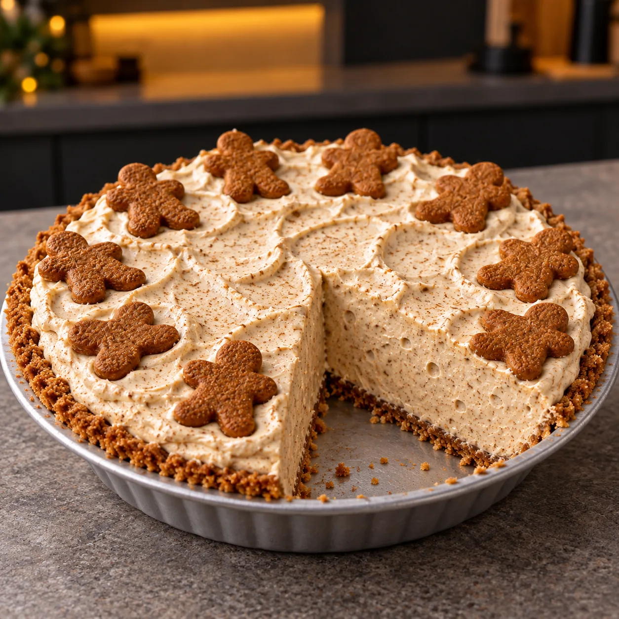 Whole sugar-free gingerbread cream pie topped with miniature gingerbread cookies