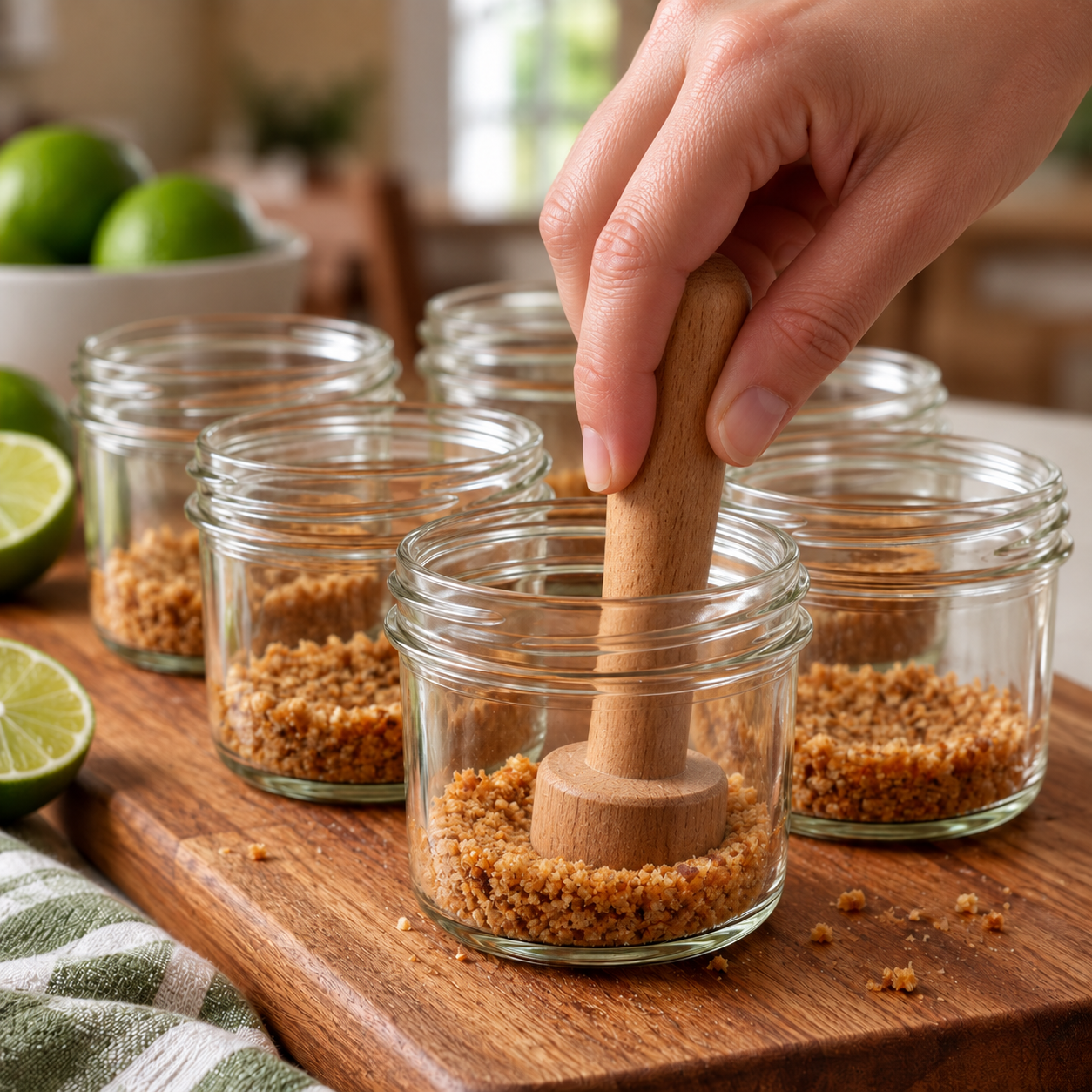 Toasted almond crust being pressed into small glass dessert jars with a wooden tamper