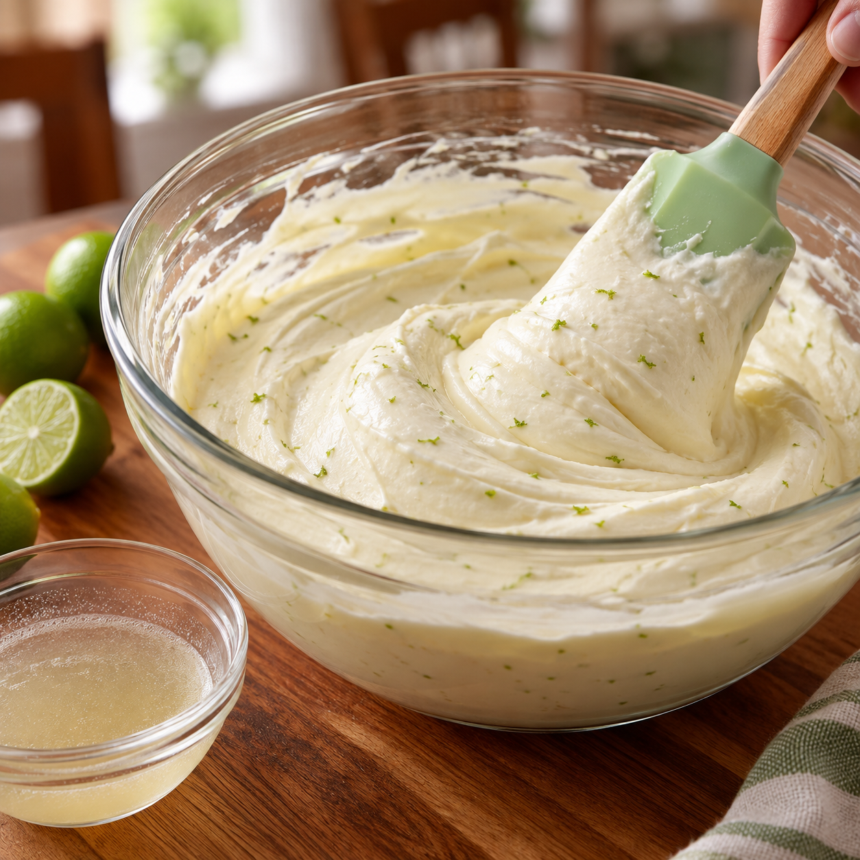 Smooth key lime cheesecake filling being folded in a glass mixing bowl